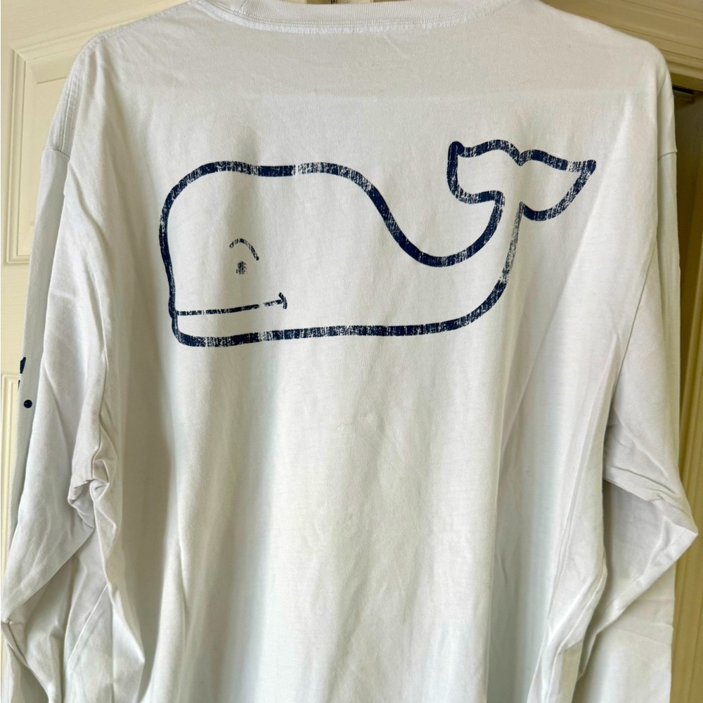 Vineyard Vines white long sleeve tee shirt with navy blue whale decal